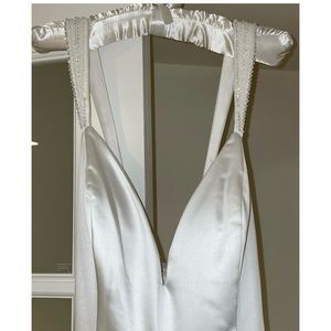 Ieena for Mac Duggal V-Neck White Beaded Crisscross Strap Back Satin Gown